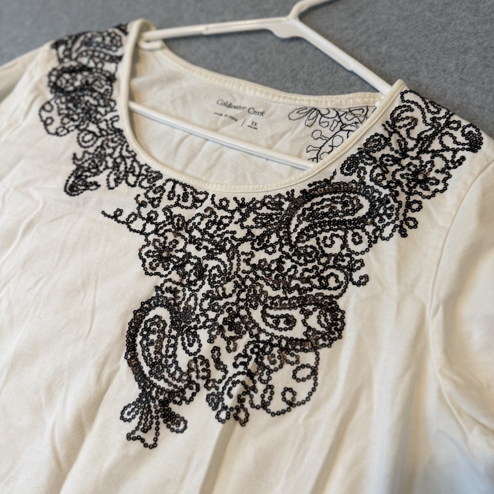 Coldwater Creek Boho Top Womens 1X White & Black Sequin Paisley Stretch Cotton